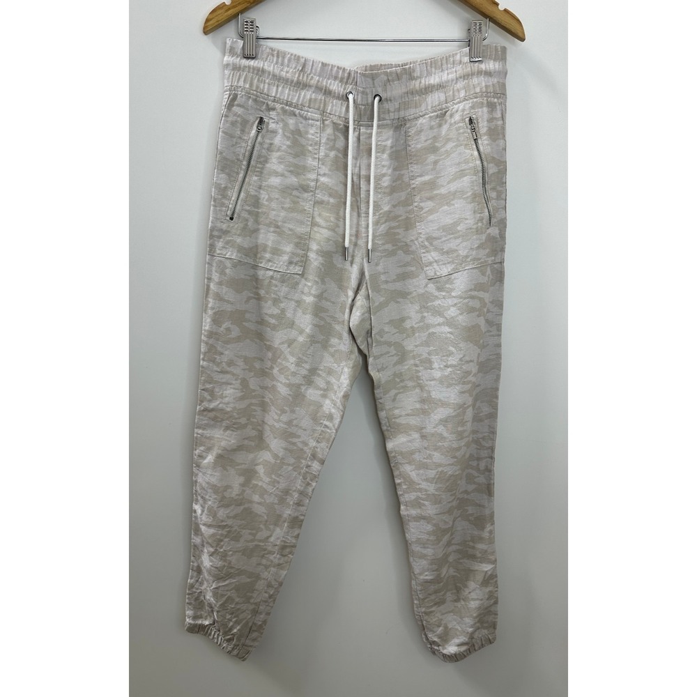 Athleta Cabo Tide 100% Linen Jogger Pants Camo Resort Beach Zip Pockets Size 10 - Picture 2 of 13